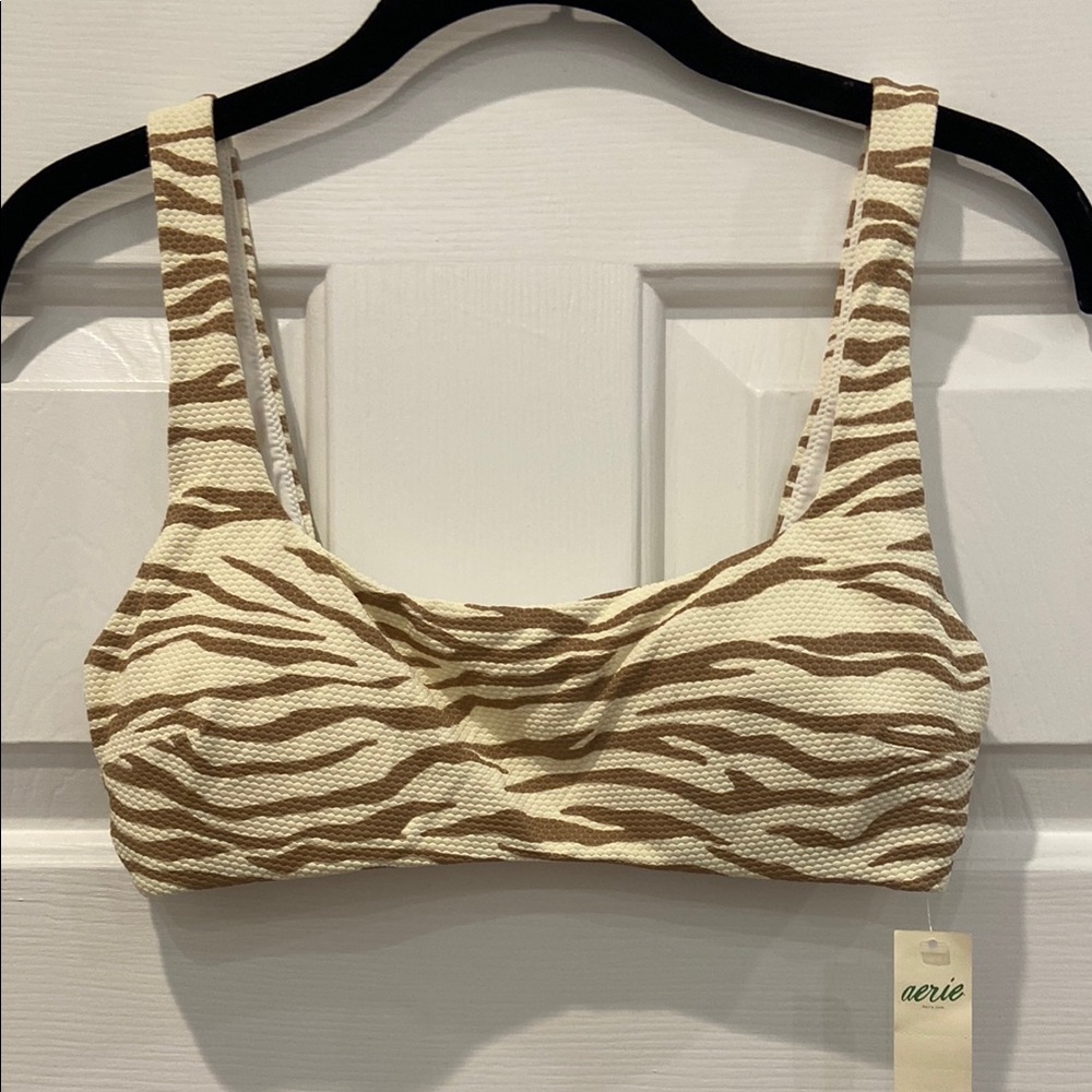 Aerie Cream and Brown Zebra Print Scoop Bikini Top Size M NWT